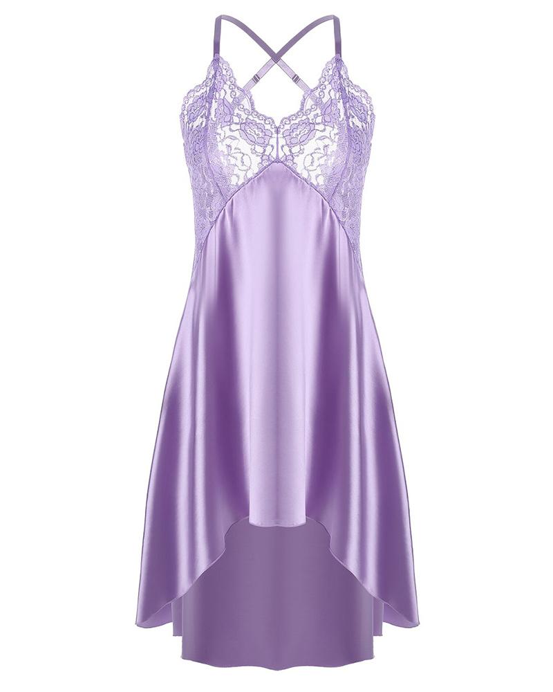 

Satin Backless Lace Dip Hem Sleepshirt, Purple