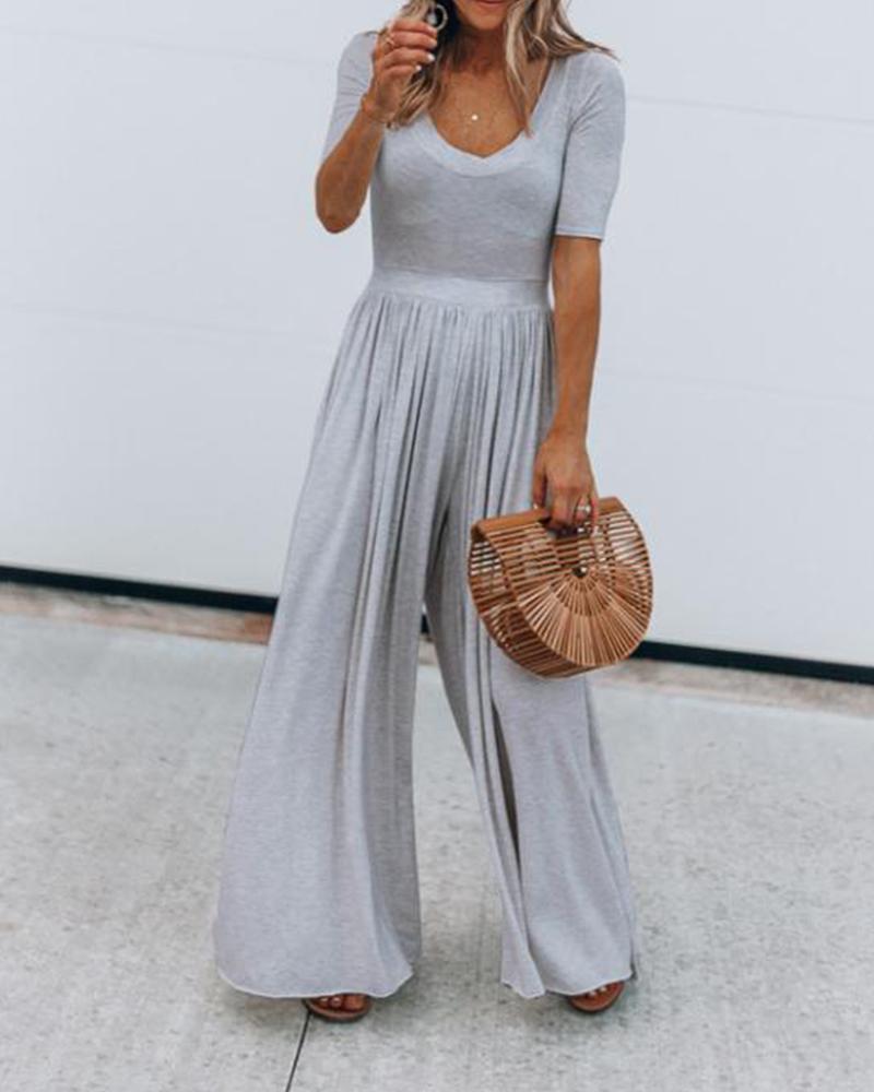 

V Neck Flare Leg Jumpsuit, Gray