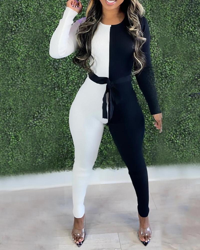 

Colorblock Long Sleeve Skinny Jumpsuit, Black&white