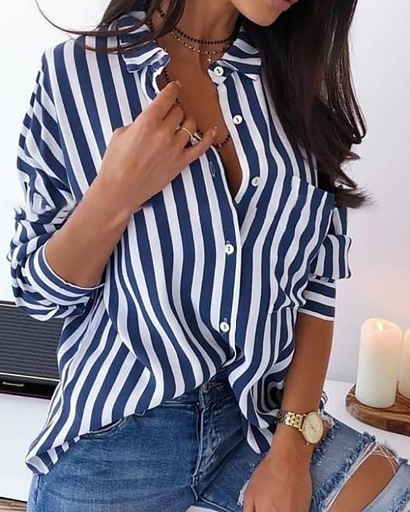 

Striped Print Button Design Shirt, Blue