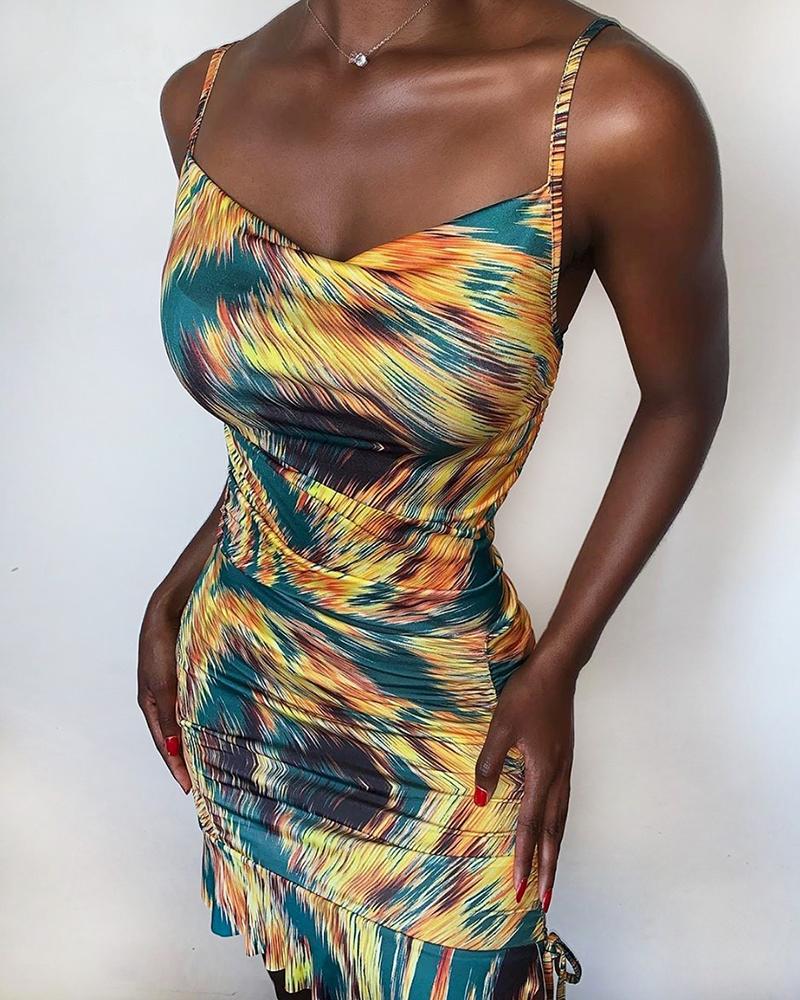 

Spaghetti Strap Colorblock Ruched Drawstring Bodycon Dress, Multicolor