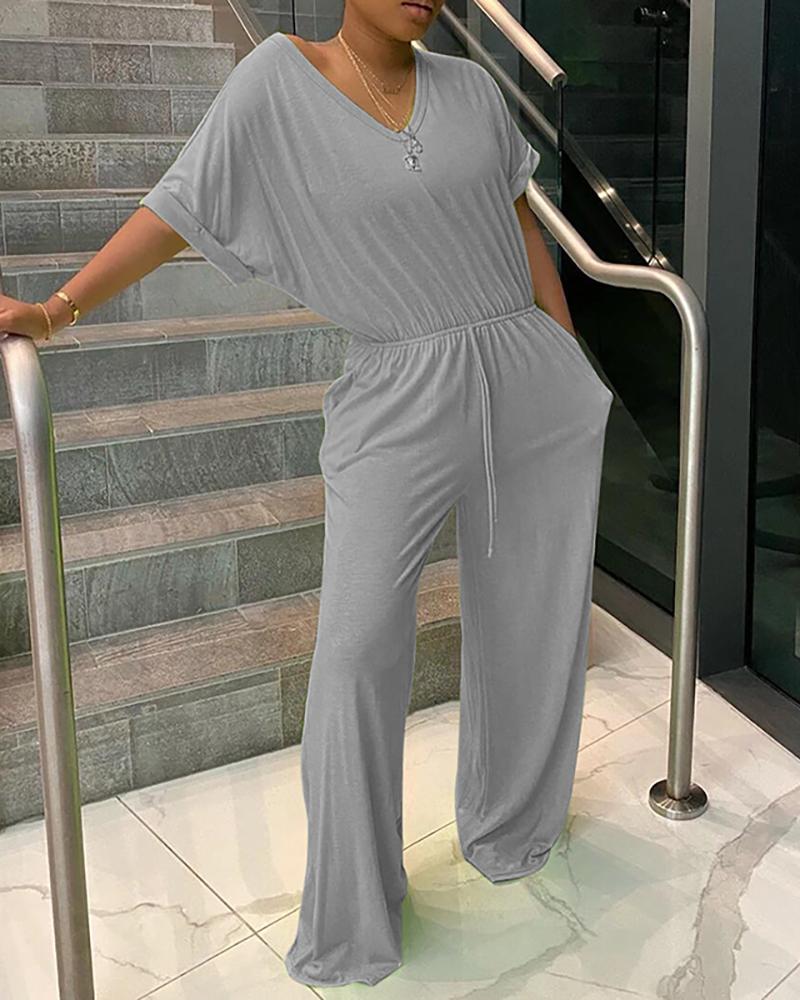 

Short Sleeve Casual Top & Drawstring Ruched Pants Set, Gray