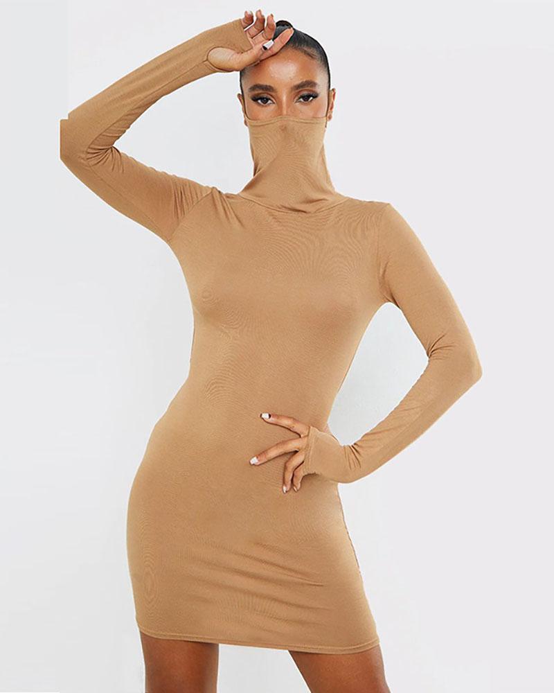 

Long Sleeve Plain Bodycon Dress With Face Mask, Khaki