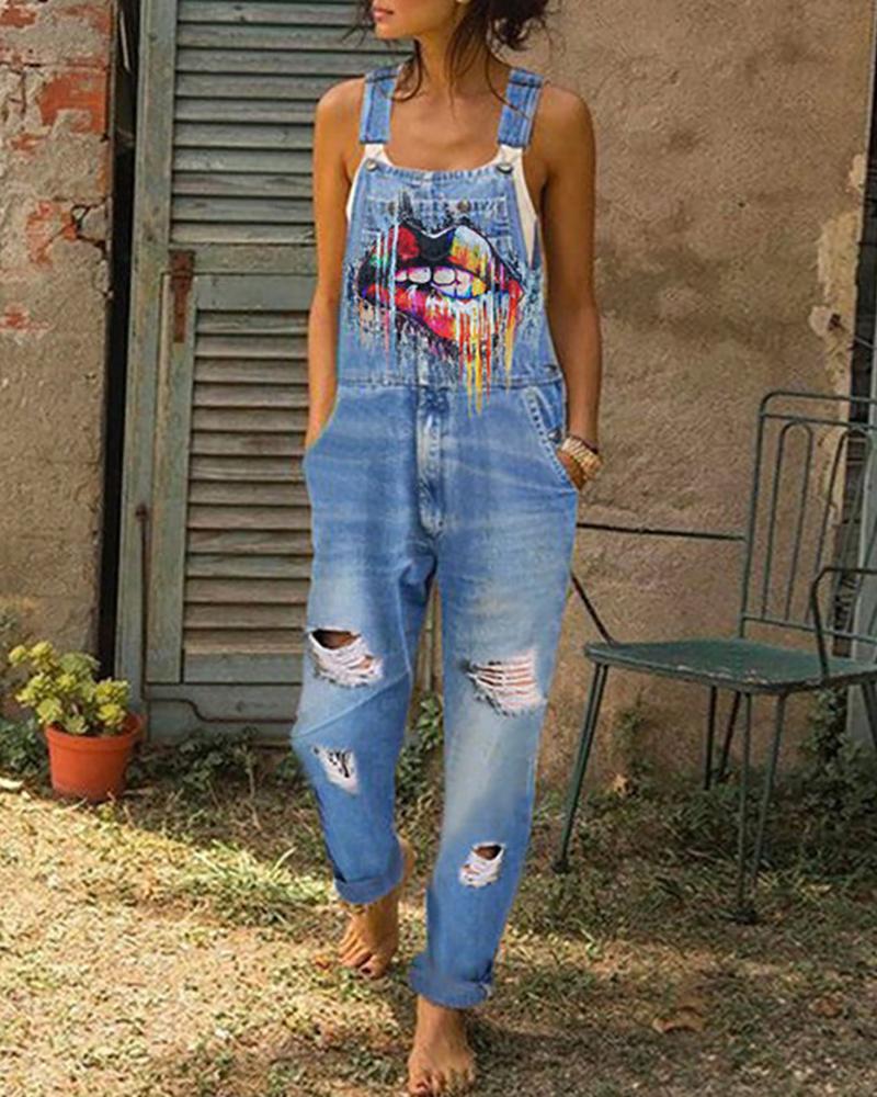 

Thin Strap Lip Print Ripped Suspender Jeans, Light blue