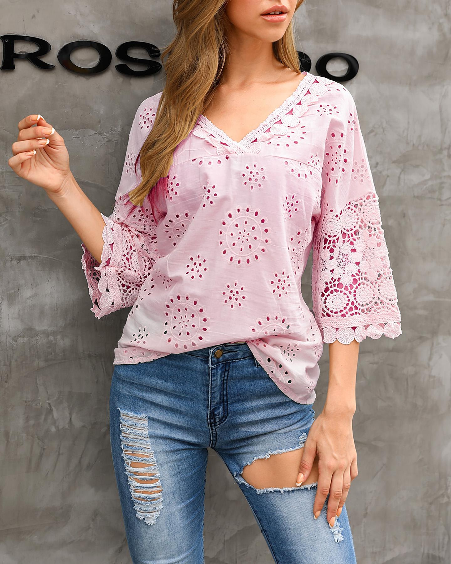 

V Neck Broderie Anglaise Lace Blouse, Pink