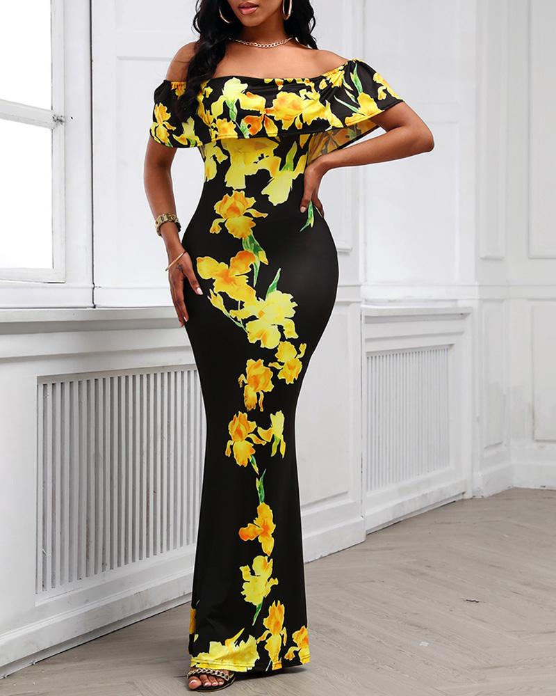 

Off Shoulder Floral Print Maxi Dress, Black