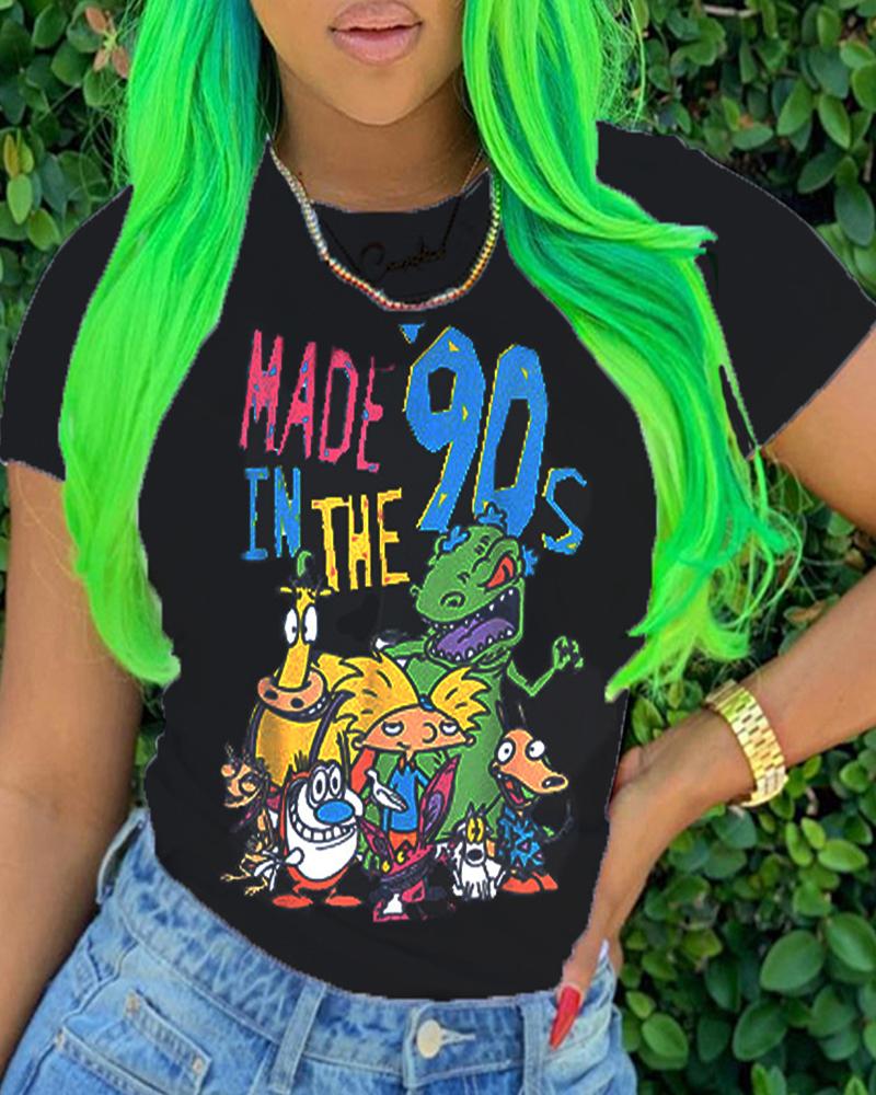 

Letter Cartoon Print Short Sleeve Casual T-shirt, Black
