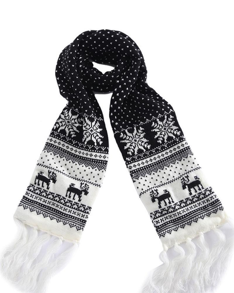 

Christmas Mixed Print Fringe Hem Scarf, Black&white