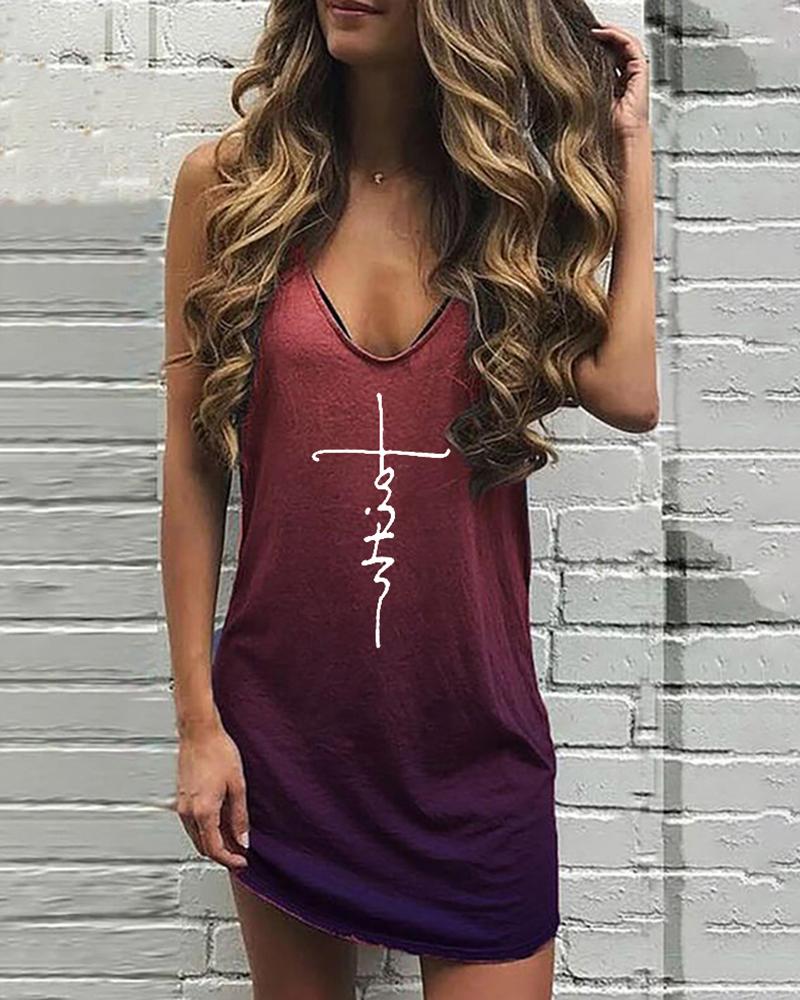 

Letter Pattern Print Gradient Color Dress, Wine red