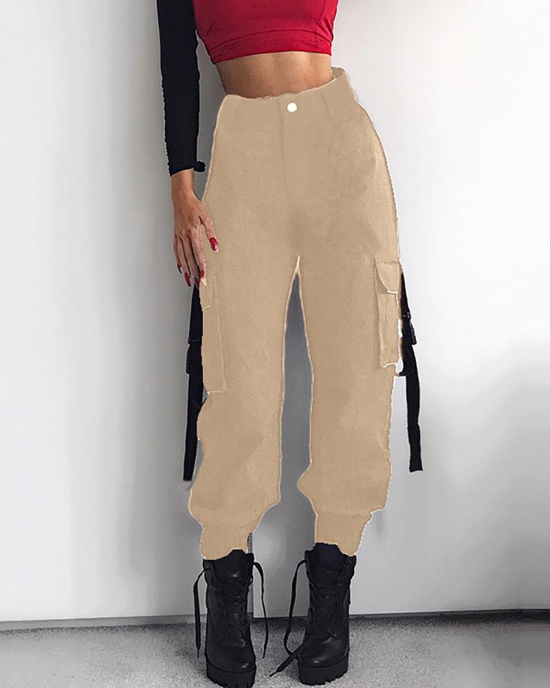 

Pocket Design Solid Buckled Tape Cargo Pants, Khaki