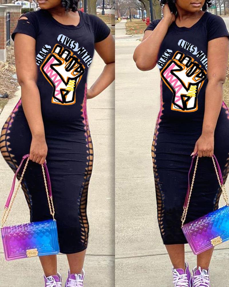 

Slogan Letter Print Ladder Cutout Casual Dress, Black