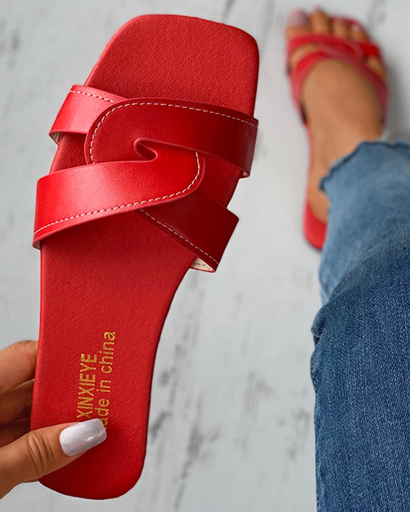 

Cross Strap Square Toe Flat Sandals, Red