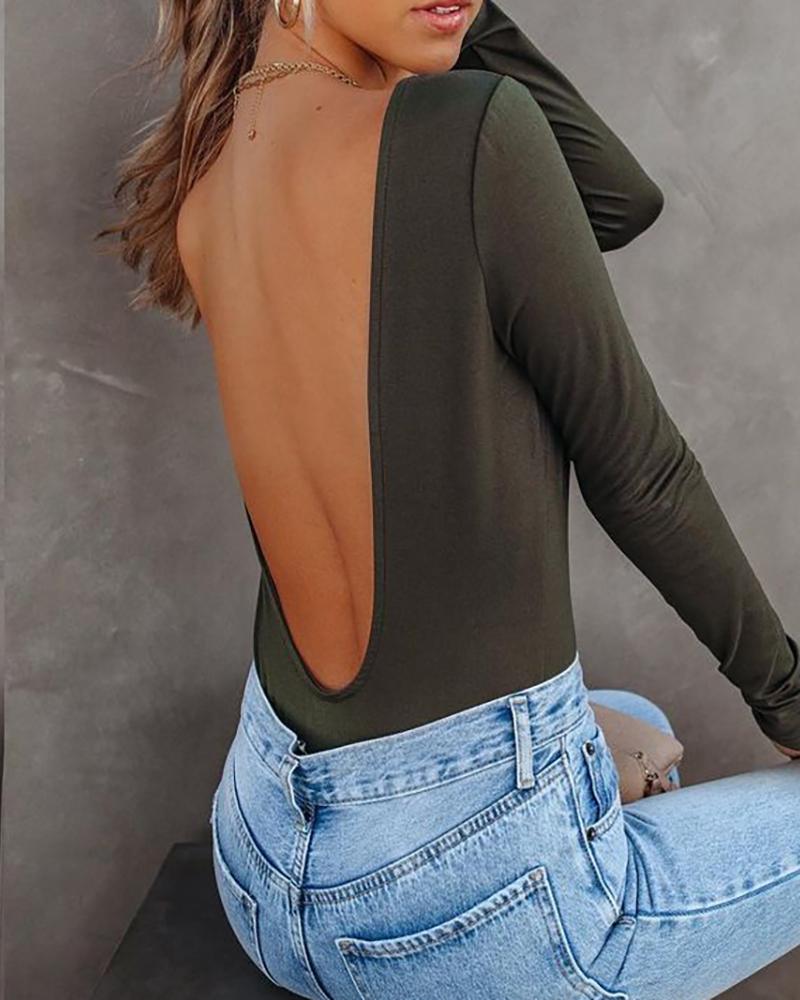 

Backless Long Sleeve Skinny Bodysuit, Army green