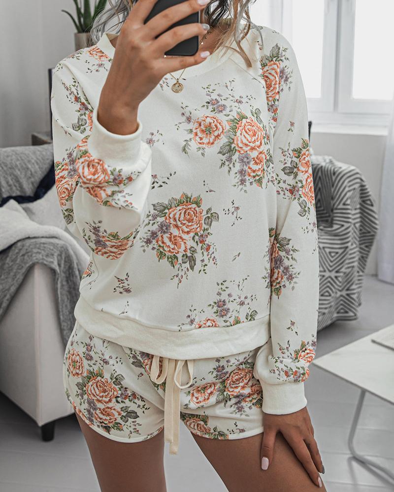 

Floral Print Round Neck Pajamas Set, White