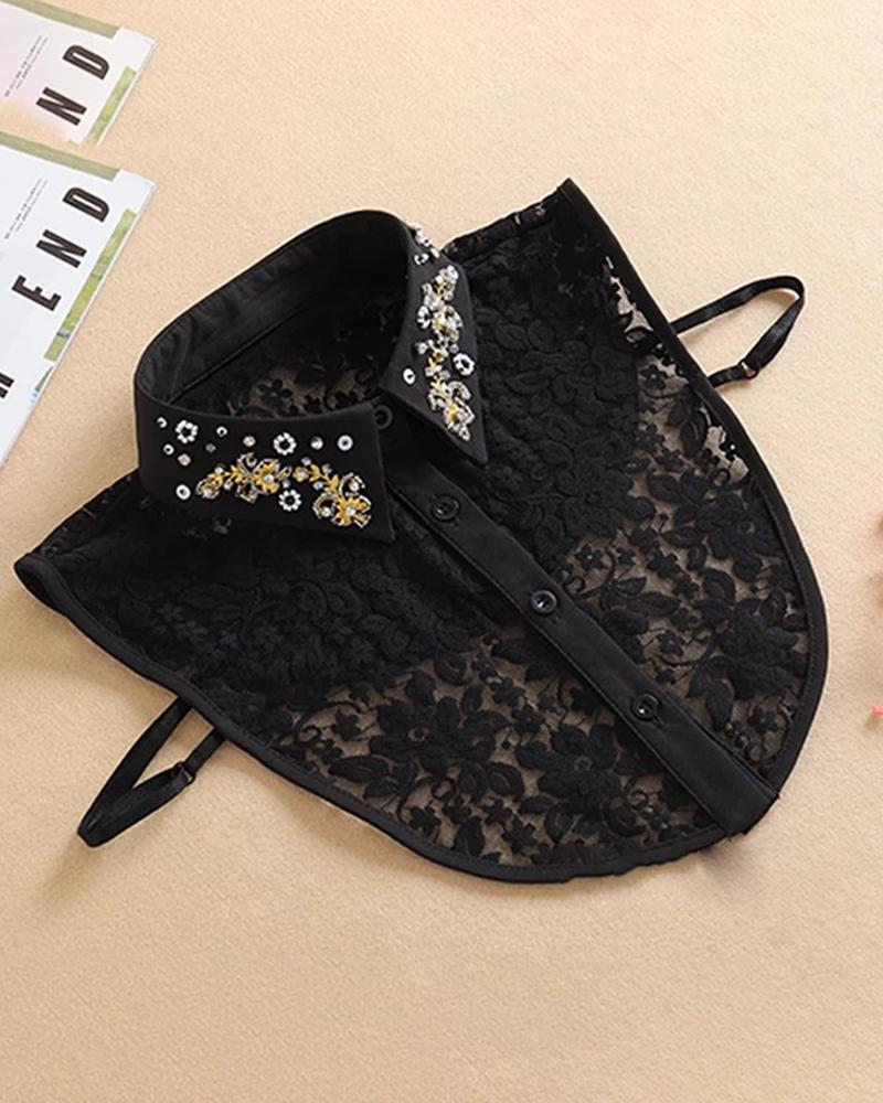 

Beaded Lace Buttoned Half Shirt False Collar, Black