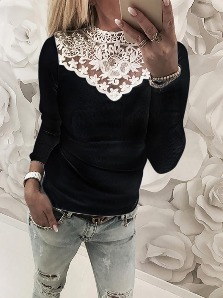 

Appliqued Patchwork Casual T-Shirt, Black
