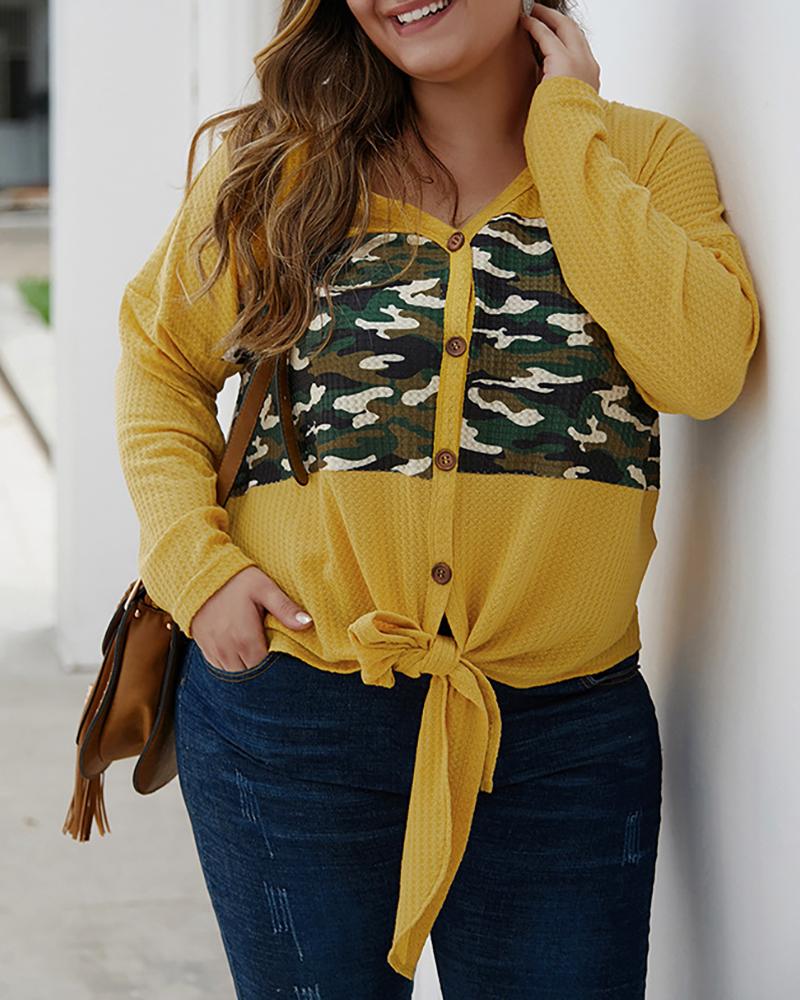 

Plus Size Camouflage Tie Detail Button Front Knit Cardigan, Yellow