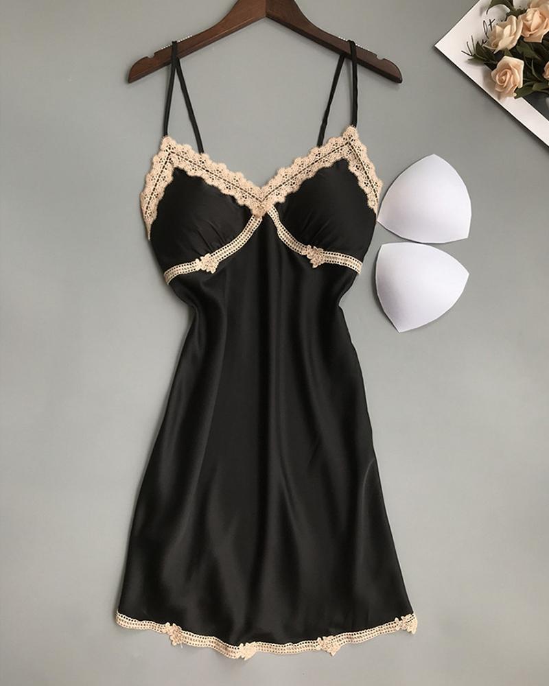 

Lace Trim Satin Padded Babydoll, Black
