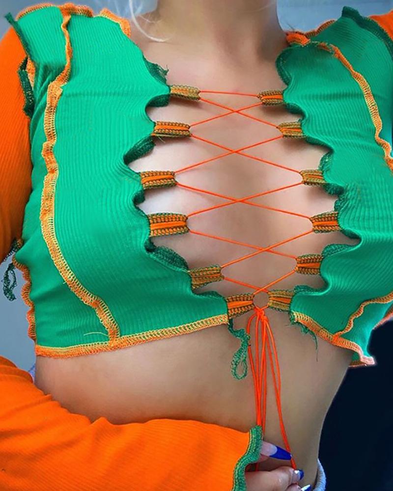 

Bell Sleeve Frill Hem Lace-up Crop Top, Green