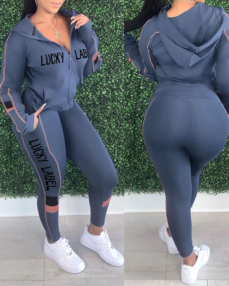 

Zipper Design Letter Print Colorblock Hooded Top & Skinny Pants Set, Gray