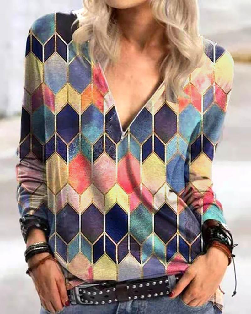 

Zipper Design Abstract Print Long Sleeve Top, Orange