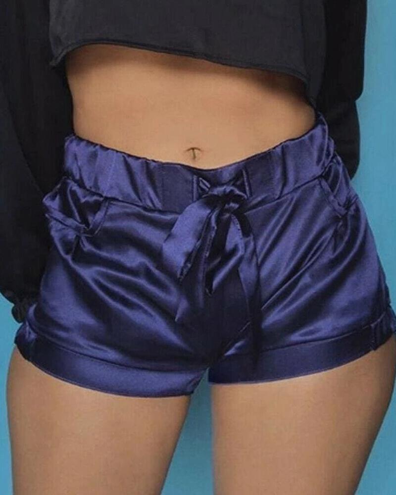 

Satin Drawstring High Waist Shorts, Dark blue