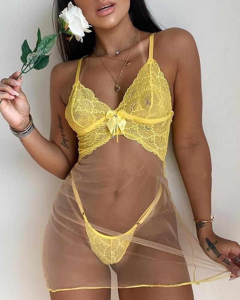 

Spaghetti Strap Sheer Mesh Crochet Lace Babydoll, Yellow