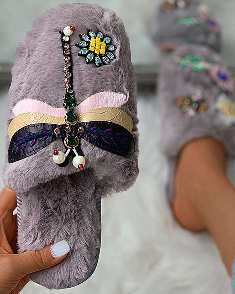 

Floral Pattern Rhinestone Fluffy Slippers, Gray