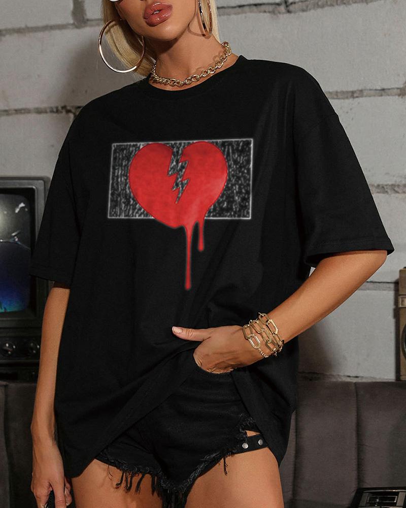 

Heart Print Short Sleeve Loose T-shirts, Black