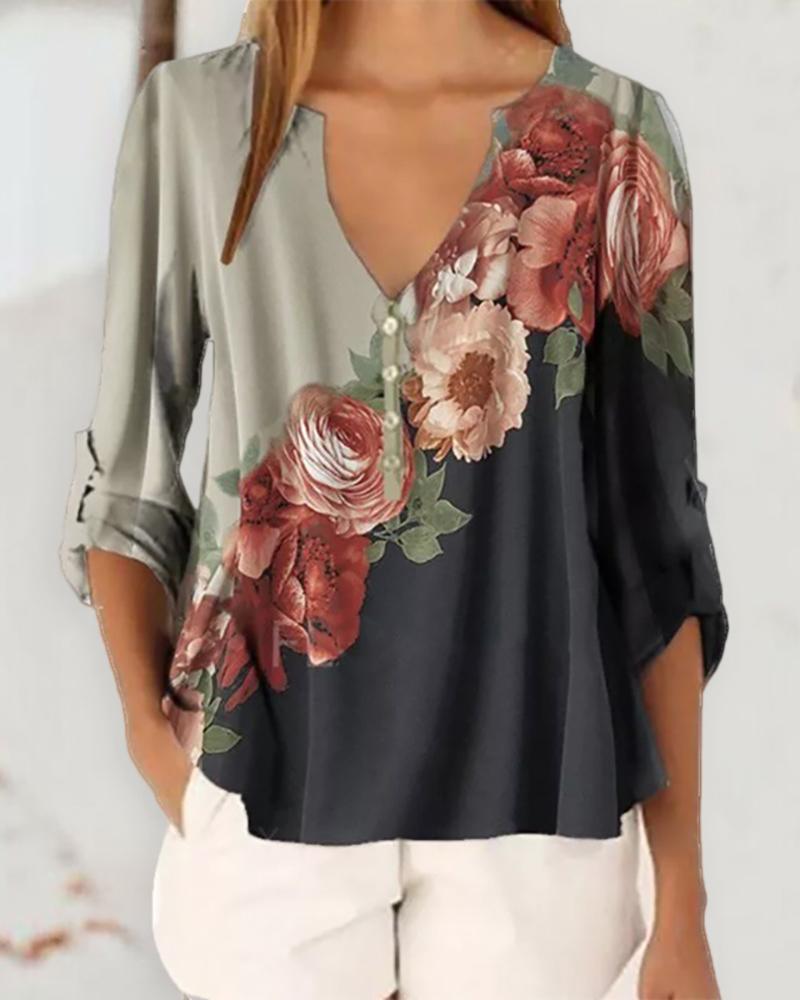 

Floral Print V Neck Long Sleeve Blouse, Gray
