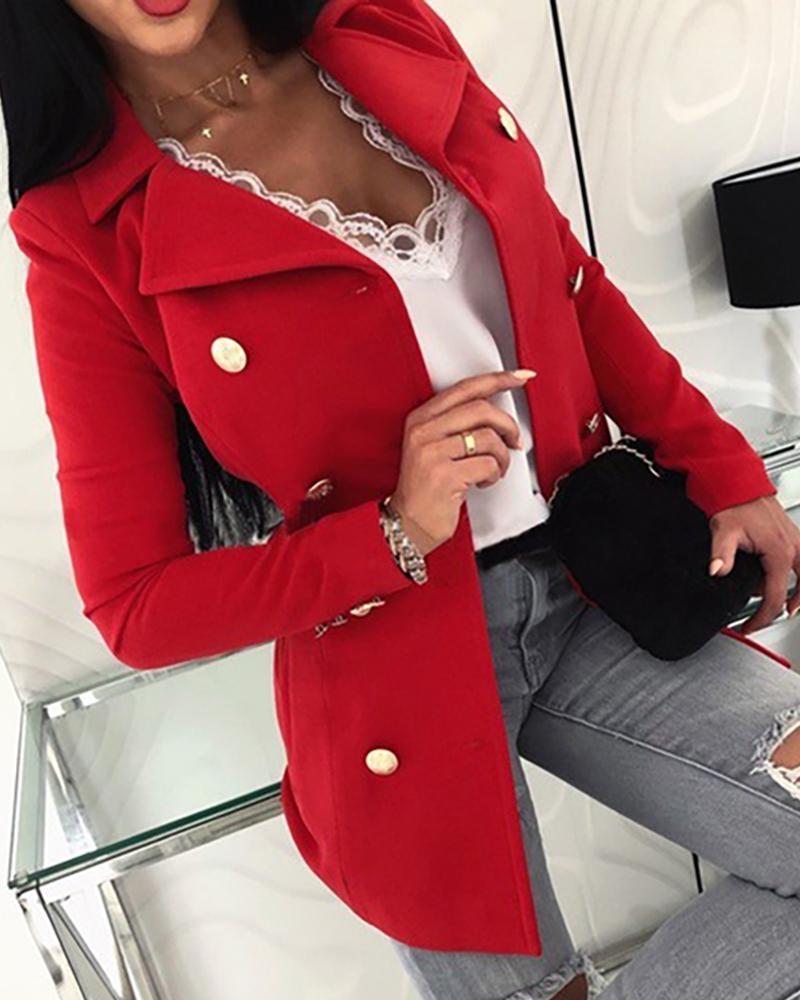 

Solid Notched Collar Double-breasted Wool Blazer, Red