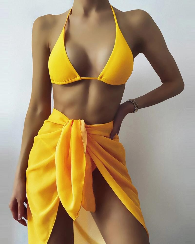 

3PCS Triangle Halter Bikini Set With Beach Skirt, Yellow