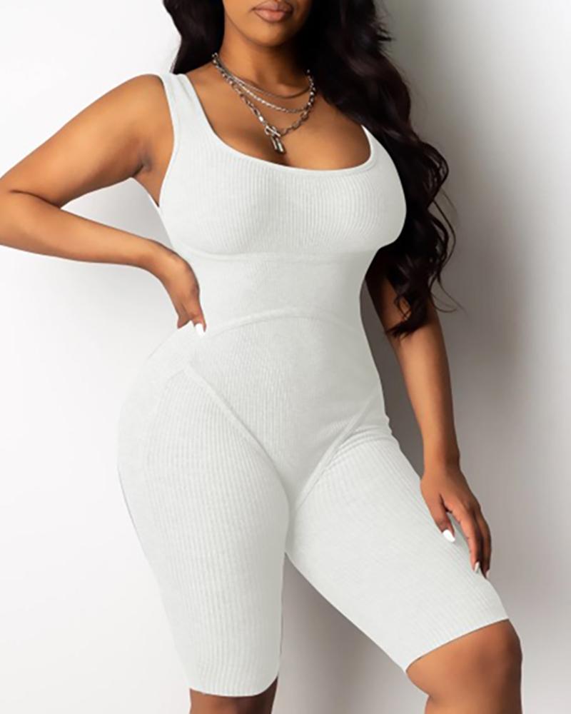 

U-Neck Thick Strap Fitted Romper, White