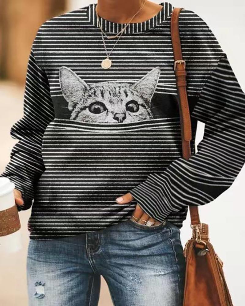 

Animal Print Long Sleeve Casual Sweatshirt, Black