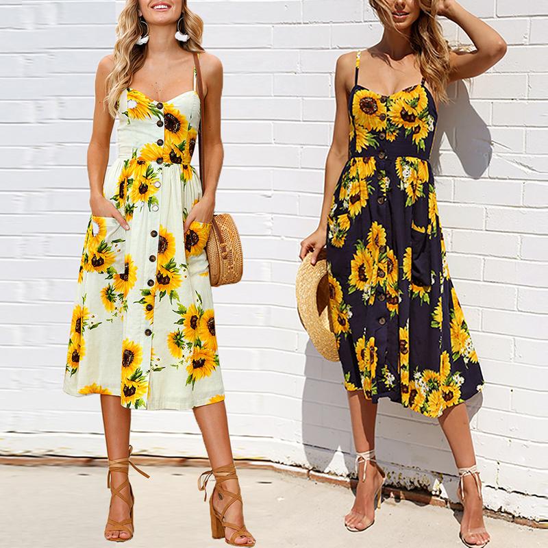 

Sunflower Pattern Sweet Midi Dress, Yellow