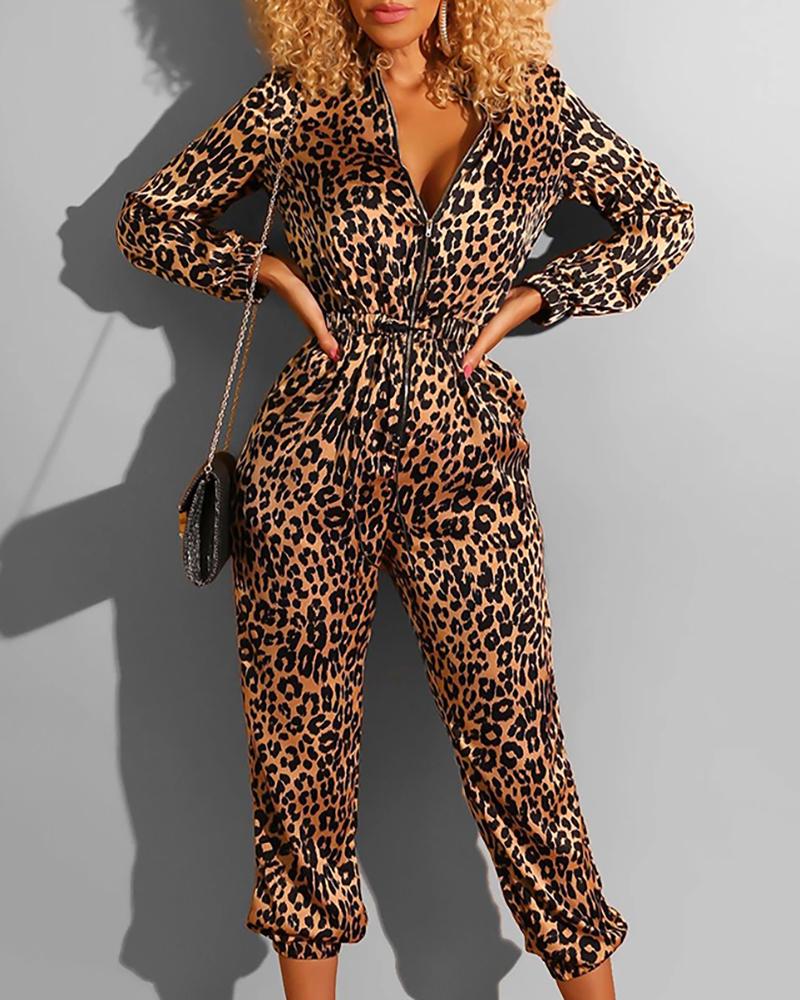 

Leopard Print Zipper Design Tight Waist Jumpsuit