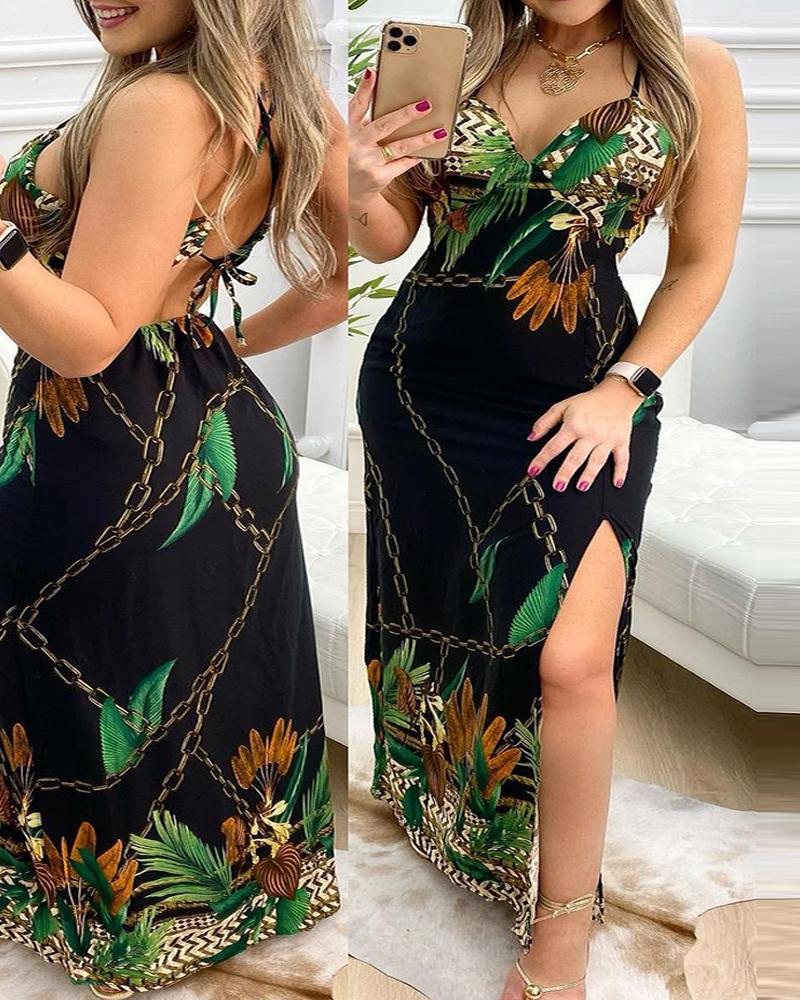 

Tropical Print V Neck High Slit Maxi Dress, Black