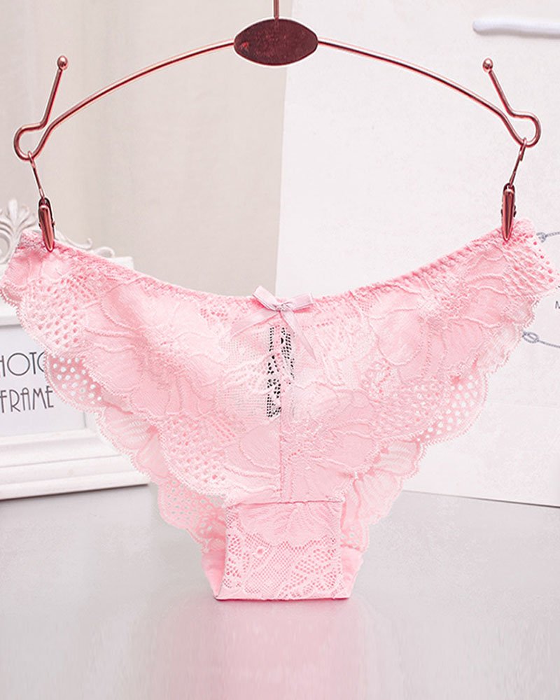 

Scallop Trim Bowknot Decor Floral Lace Panty, Pink