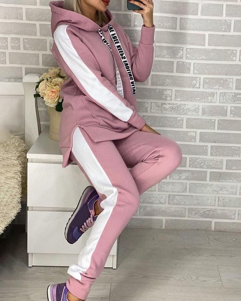 

Colorblock Side Slit Hooded Top & Pants Set, Pink