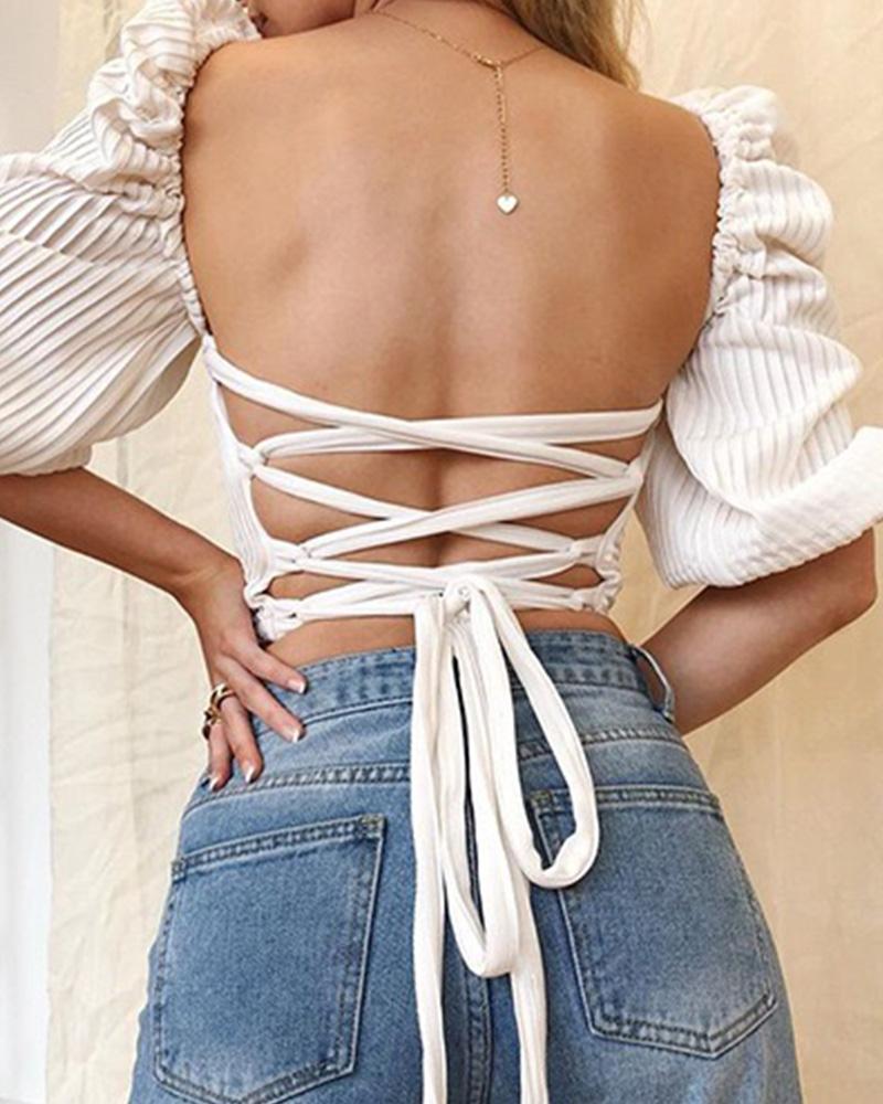 

Solid Long Fuff Sleeve Strappy Backless Blouse, White
