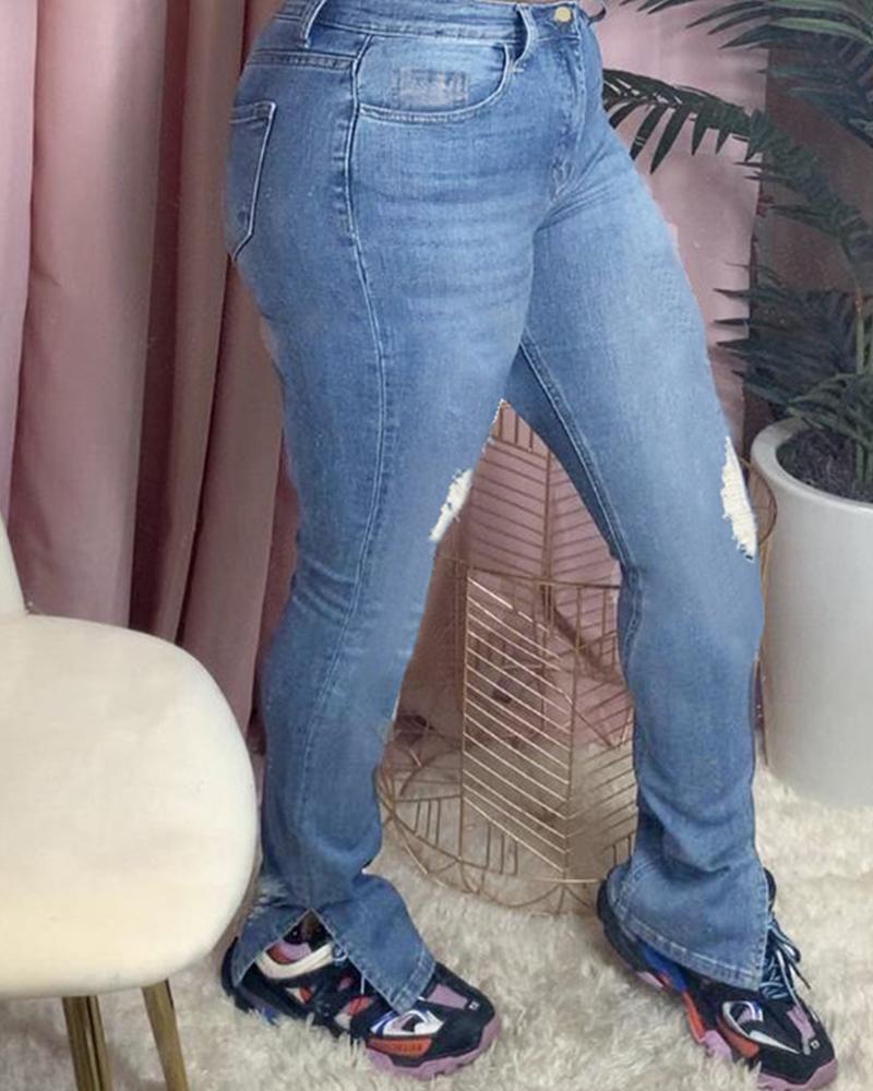 

Solid Ripped Skinny Slim Slit Denim Pants, Blue