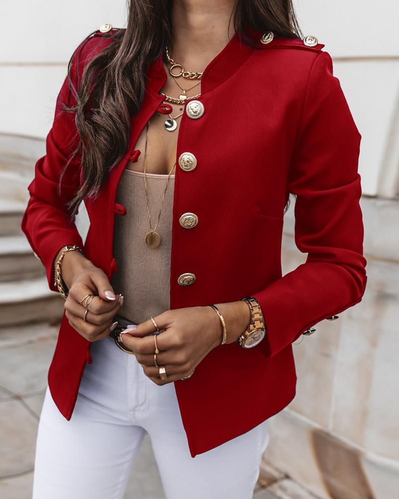 

Button Design Long Sleeve Blazer Coat, Red