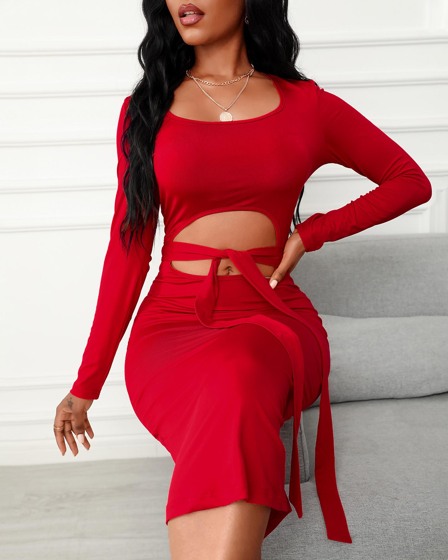 

Plain Cutout Long Sleeve Knotted Design Maxi Dress, Red