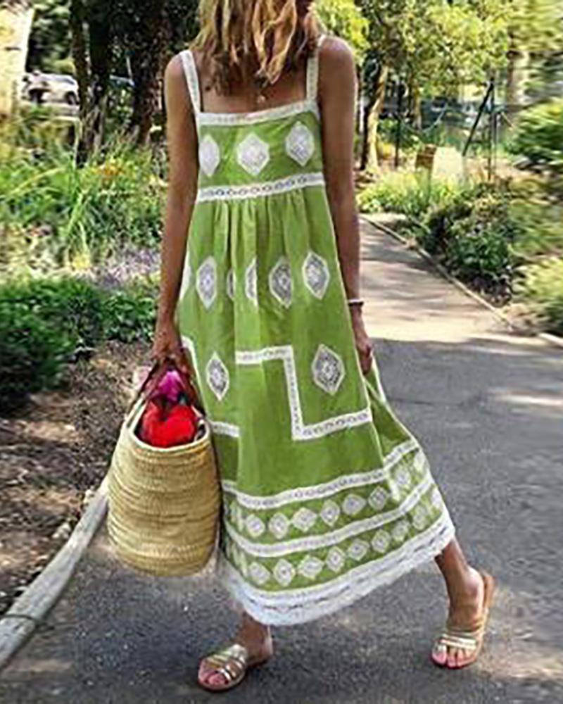 

Geometry Print Colorblock Square Neck Maxi Women Dress, Green