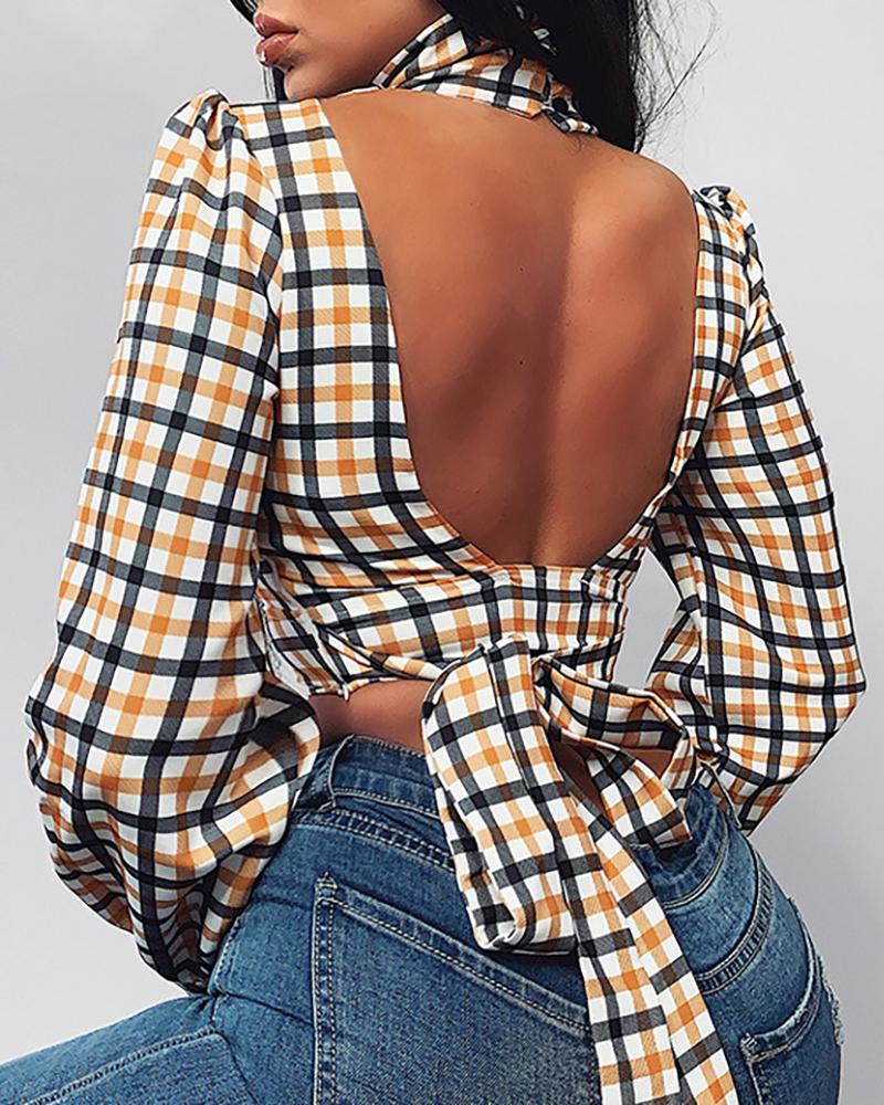 

Grid Backless Tied Cut Out Blouse, Yellow