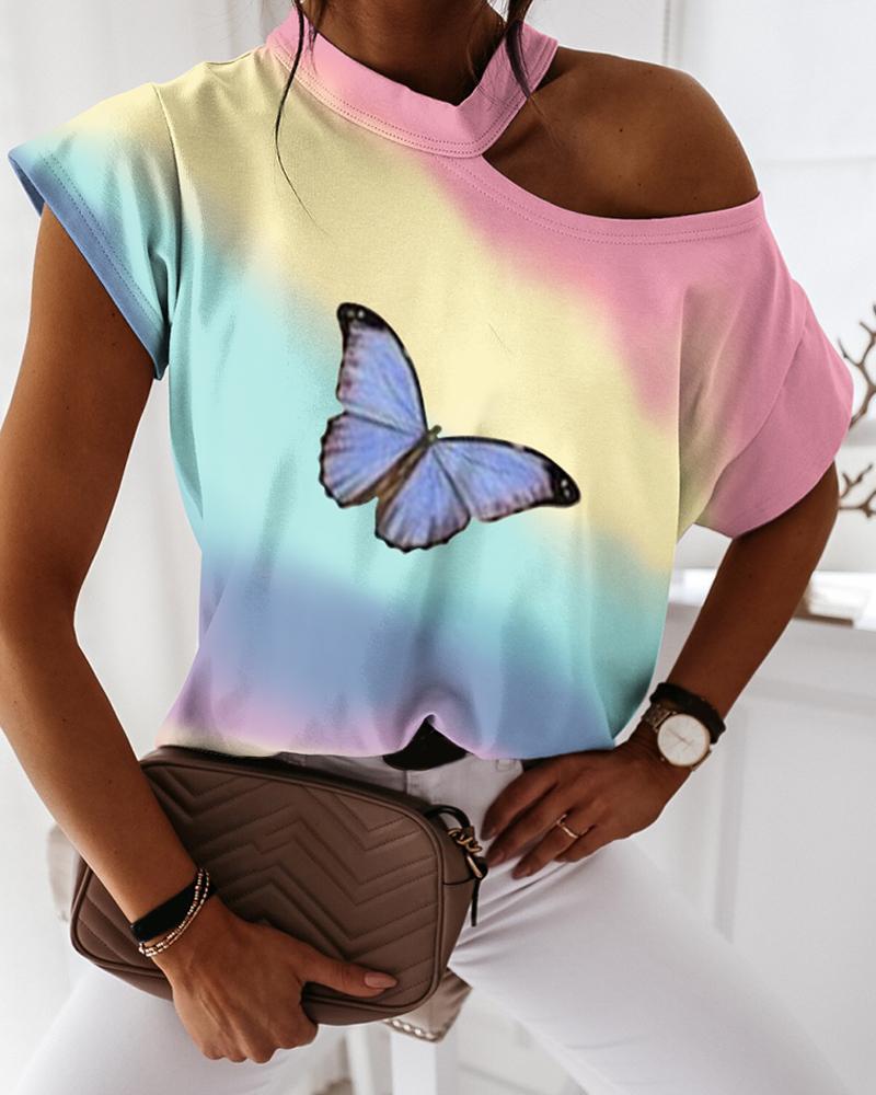 

One Shoulder Colorblock Butterfly Print T-shirt, Multicolor
