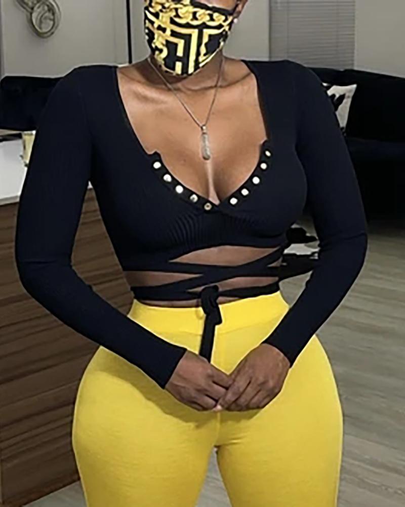 

Button Decor Bandage Long Sleeve Crop Top, Black