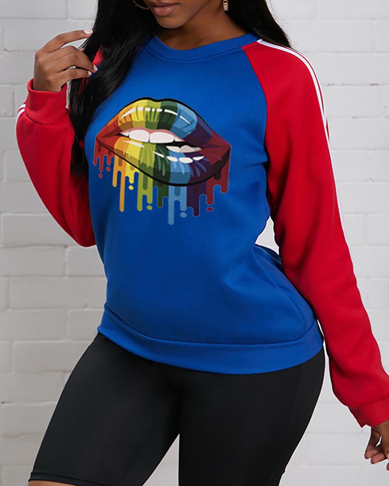 

Striped Tape Lip Print Long Sleeve Sweatshirt, Dark blue