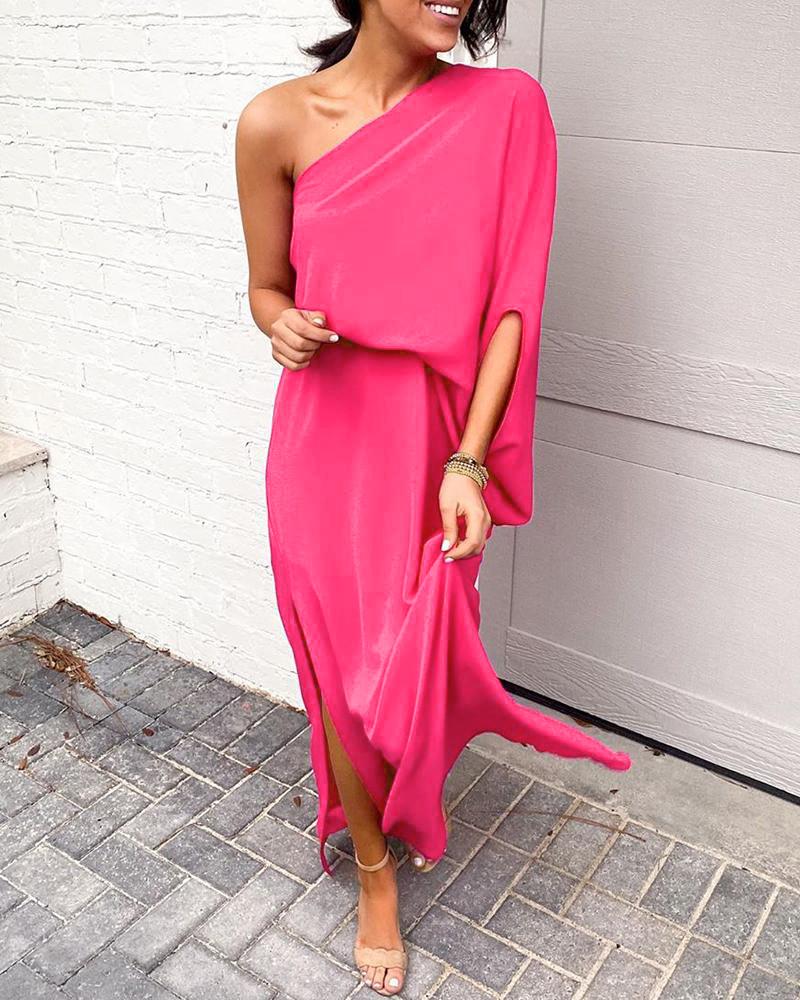 

Solid One Shoulder Slit Dress, Hot pink