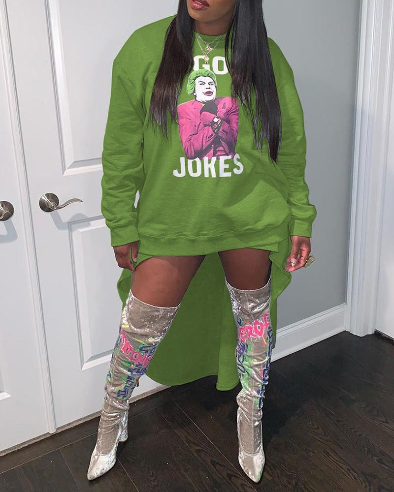 

Letter Graphic Print Dip Hem Sweatshirt Dress, Green